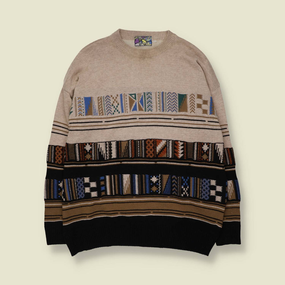 1980s | Enrico Eloni | Multistripe Jumper | Beige & Black - 3XL