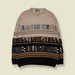 1980s | Enrico Eloni | Multistripe Jumper | Beige & Black - 3XL