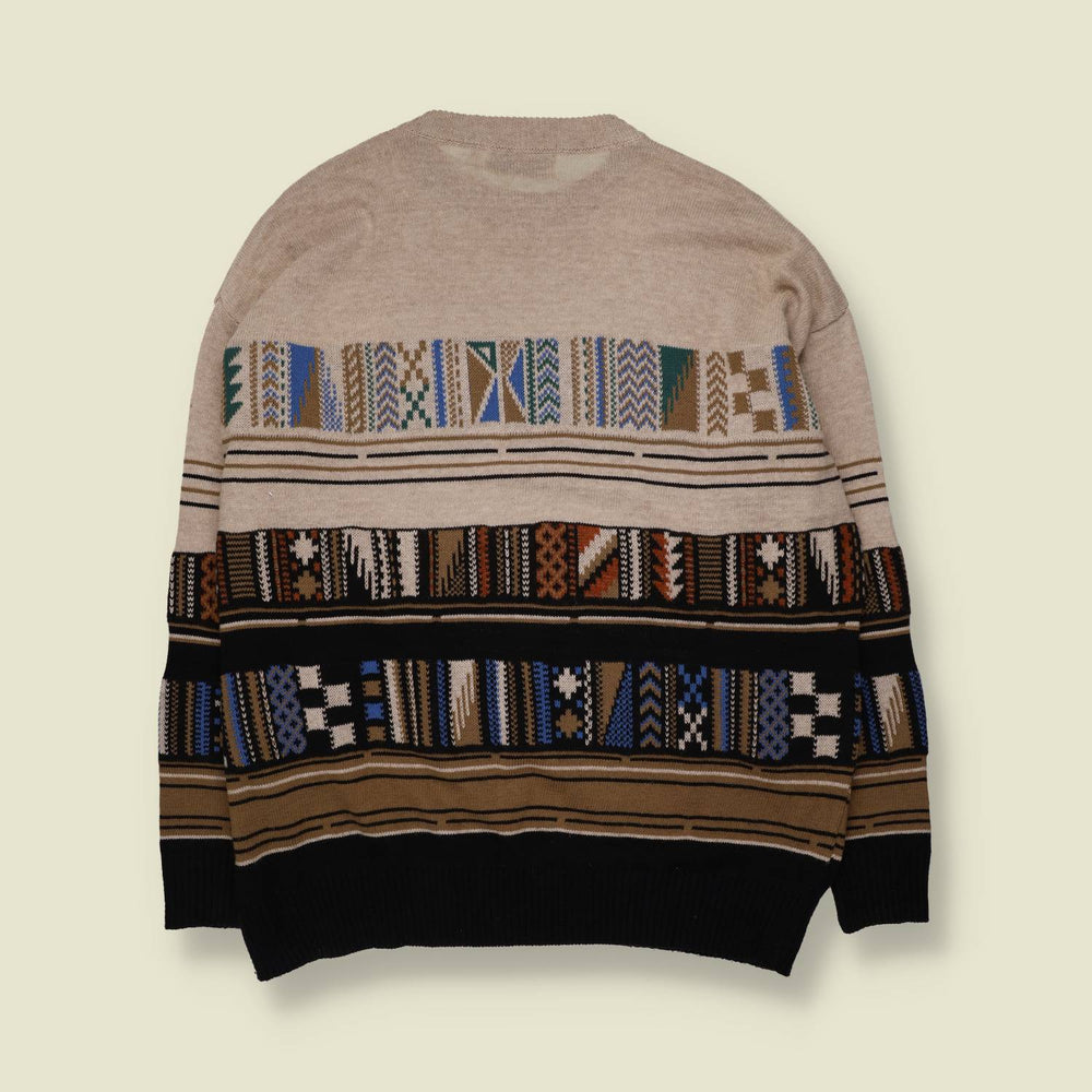 1980s | Enrico Eloni | Multistripe Jumper | Beige & Black - 3XL