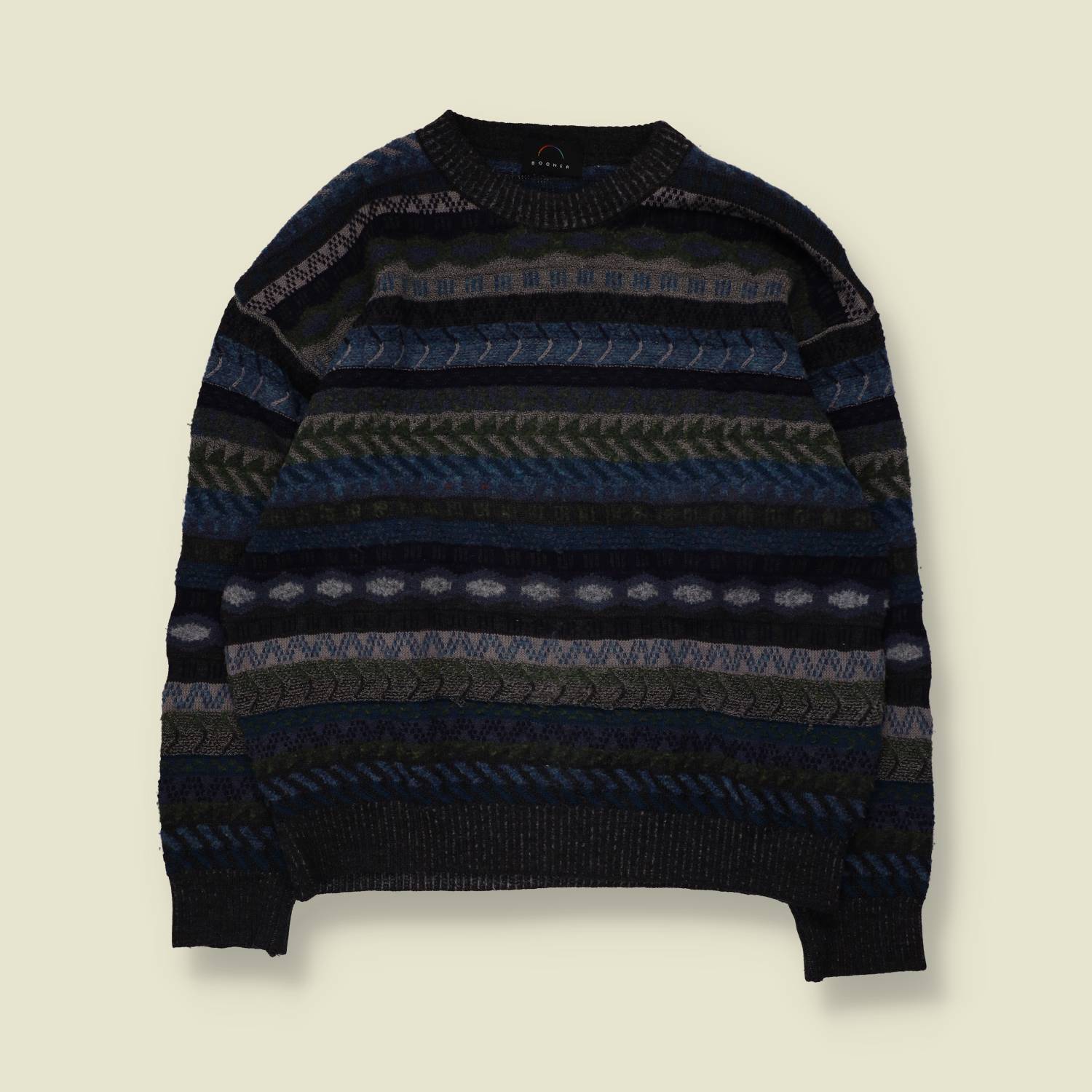 1980s | Bogner | Textured Jumper | Navy, Green & Grey - XL