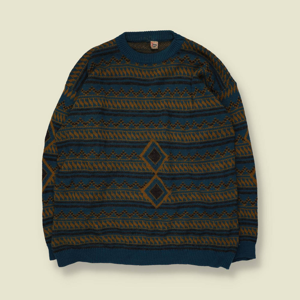 1980s | Young Style | Fair Isle Jumper | Teal & Mustard | Made in Italy - L