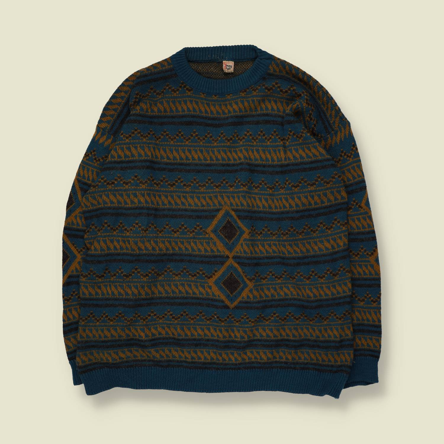 1980s | Young Style | Fair Isle Jumper | Teal & Mustard | Made in Italy - L