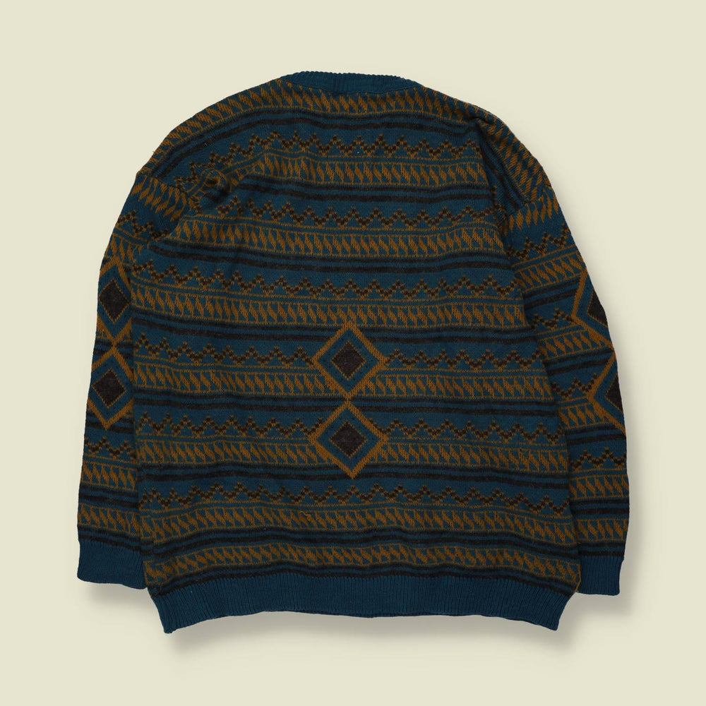 1980s | Young Style | Fair Isle Jumper | Teal & Mustard | Made in Italy - L