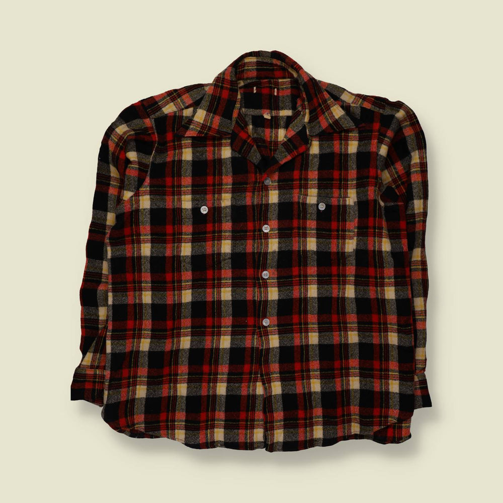 1950s | Plaid Flannel Shirt | Red, Black & Grey - L