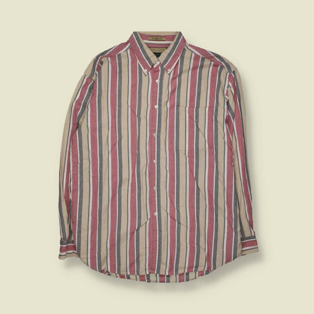 1990s | Natural Life Striped Cotton Shirt | Red & Beige - 4XL