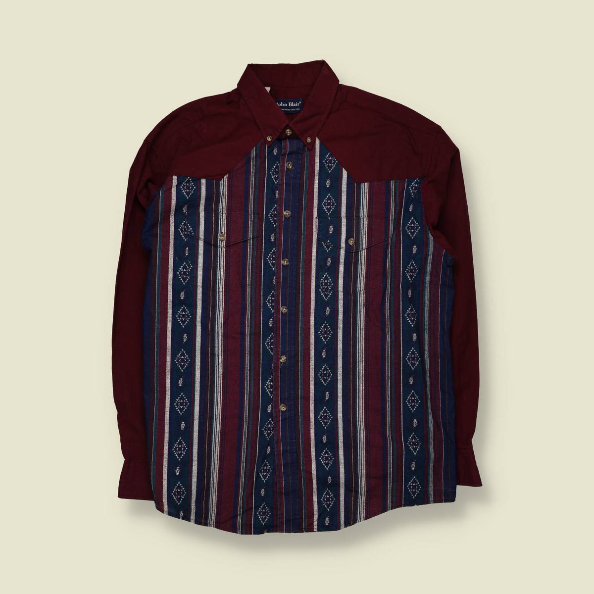 1990s | John Blair Aztec Stripe Western Shirt | Burgundy - 3XL