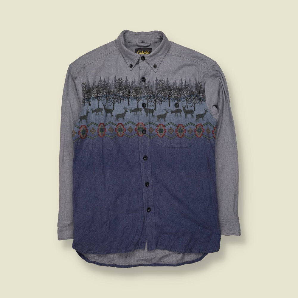 1990s | Cabela's Deer Print Cotton Chamois Shirt | Blue - S