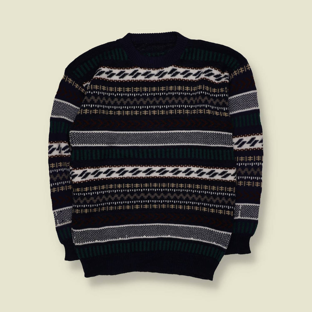 1980s | Fair Isle Pattern Knit Jumper | Navy Blue - XS