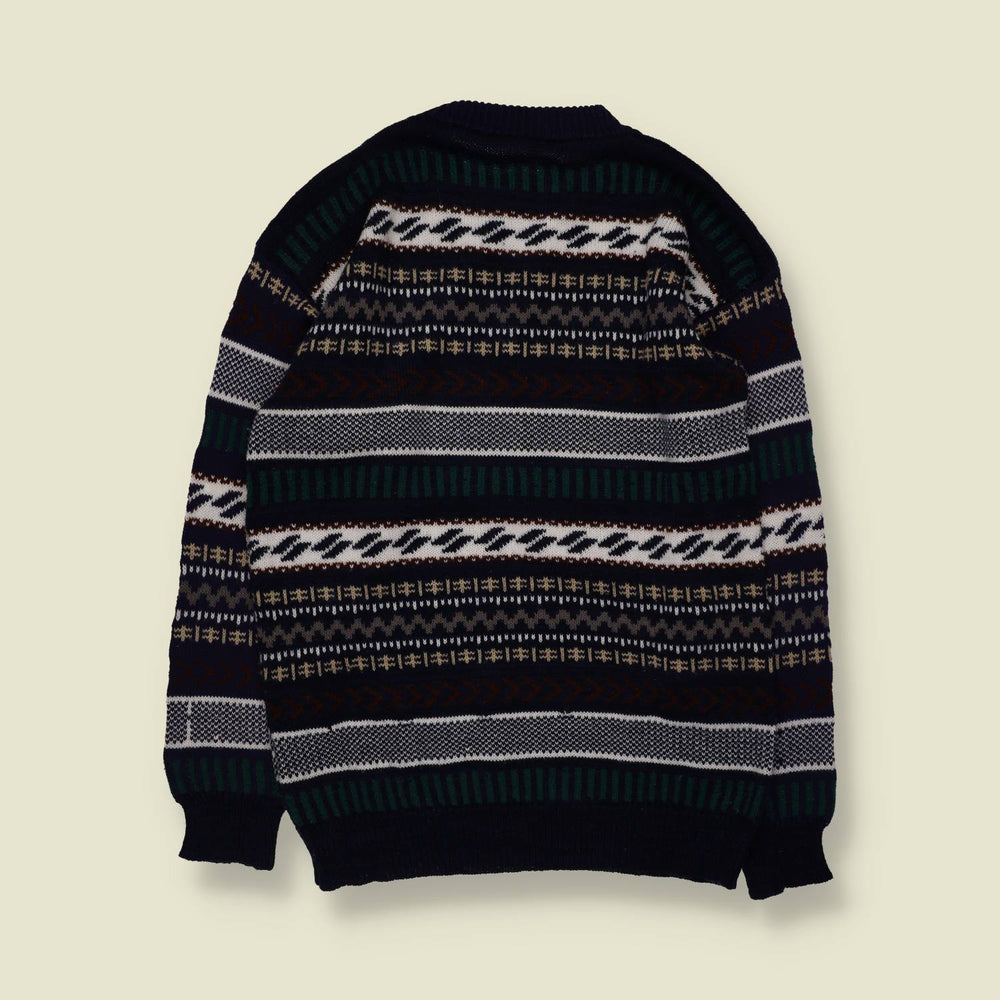 1980s | Fair Isle Pattern Knit Jumper | Navy Blue - XS