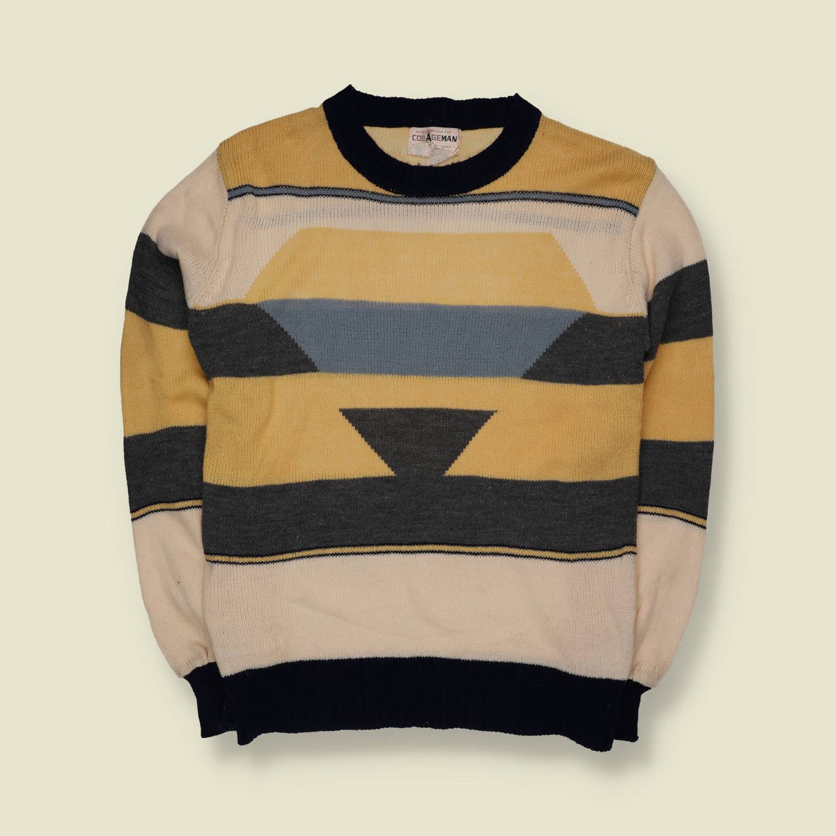 1980s | College Man Geometric Knit Jumper | Yellow & Cream - XS