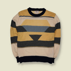 1980s | College Man Geometric Knit Jumper | Yellow & Cream - XS