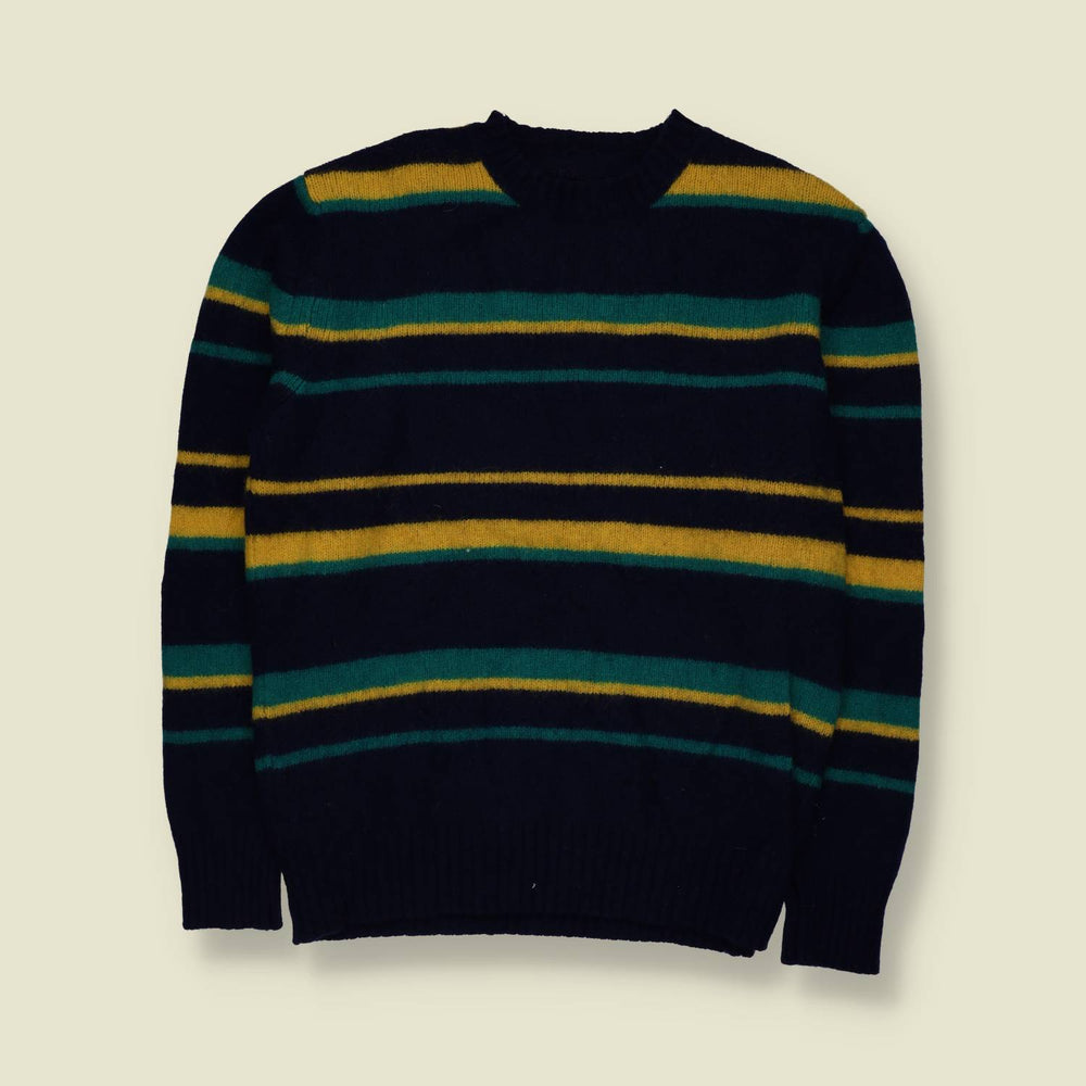 1980s | Striped Knit Jumper | Navy Blue, Green & Yellow - S