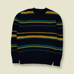 1980s | Striped Knit Jumper | Navy Blue, Green & Yellow - S