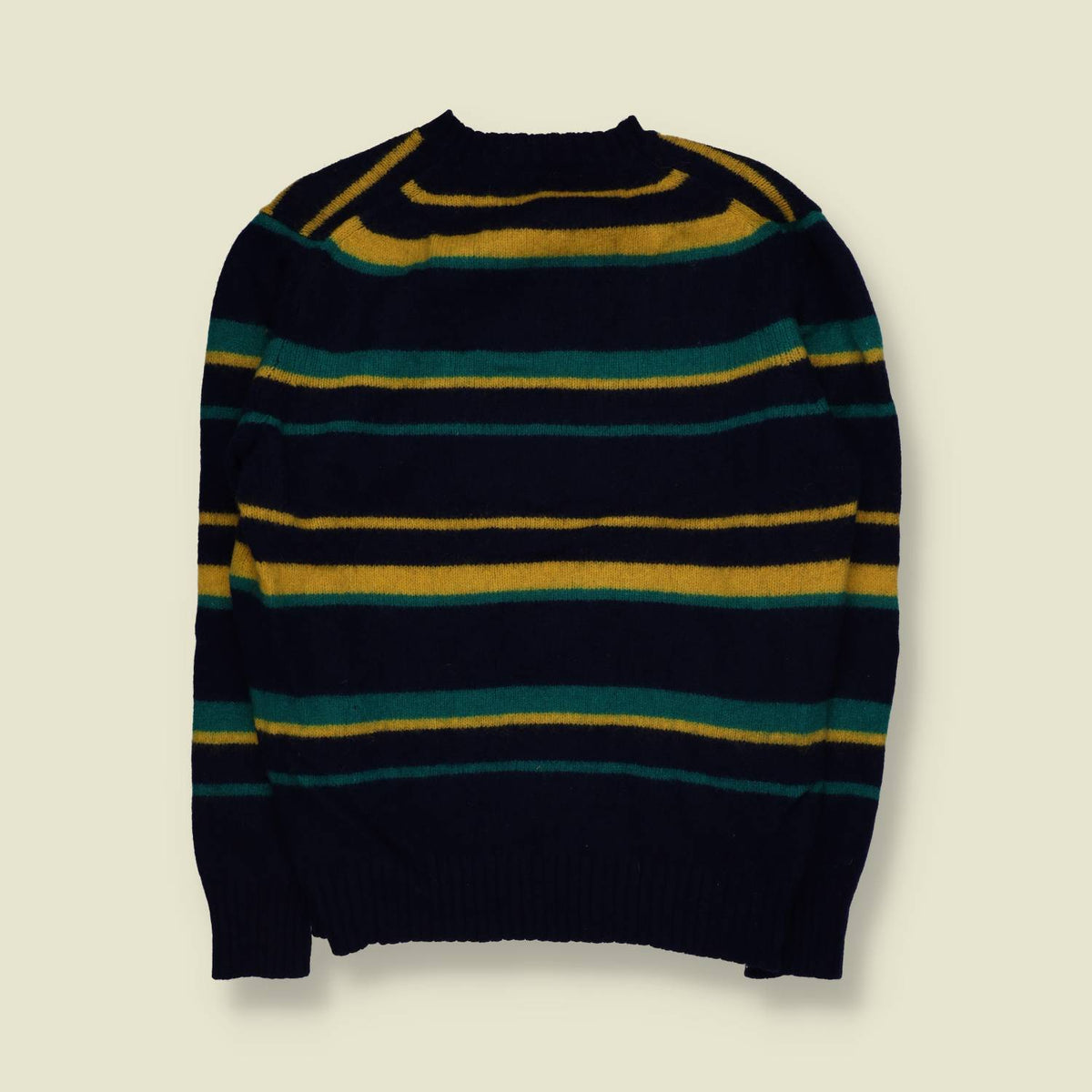 1980s | Striped Knit Jumper | Navy Blue, Green & Yellow - S