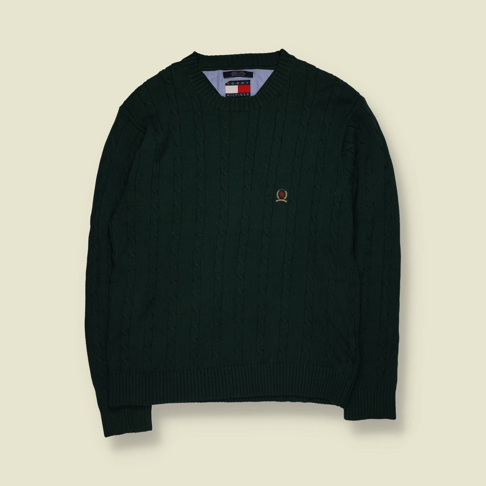 1990s | Tommy Hilfiger Cable Knit Jumper | Dark Green - L