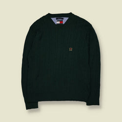 1990s | Tommy Hilfiger Cable Knit Jumper | Dark Green - L