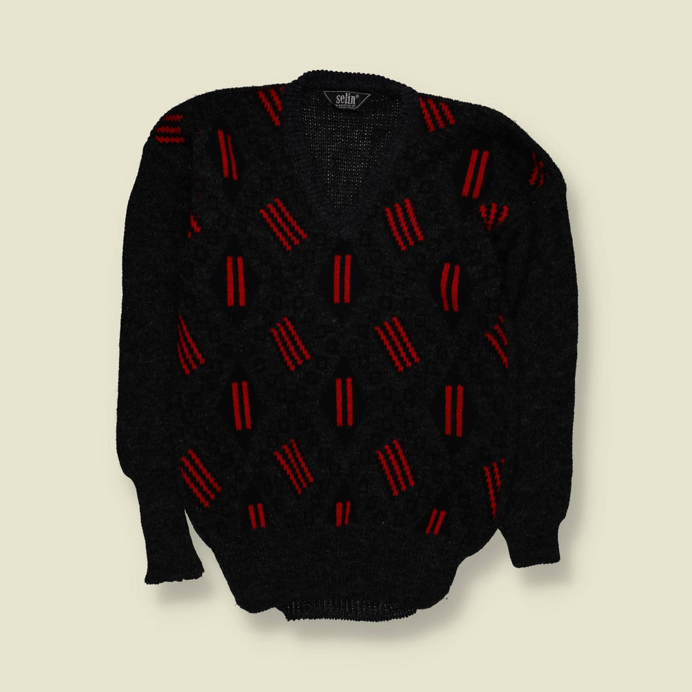 1980s | Selin Geometric Pattern Knit Jumper | Black & Red - XS