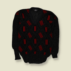 1980s | Selin Geometric Pattern Knit Jumper | Black & Red - XS