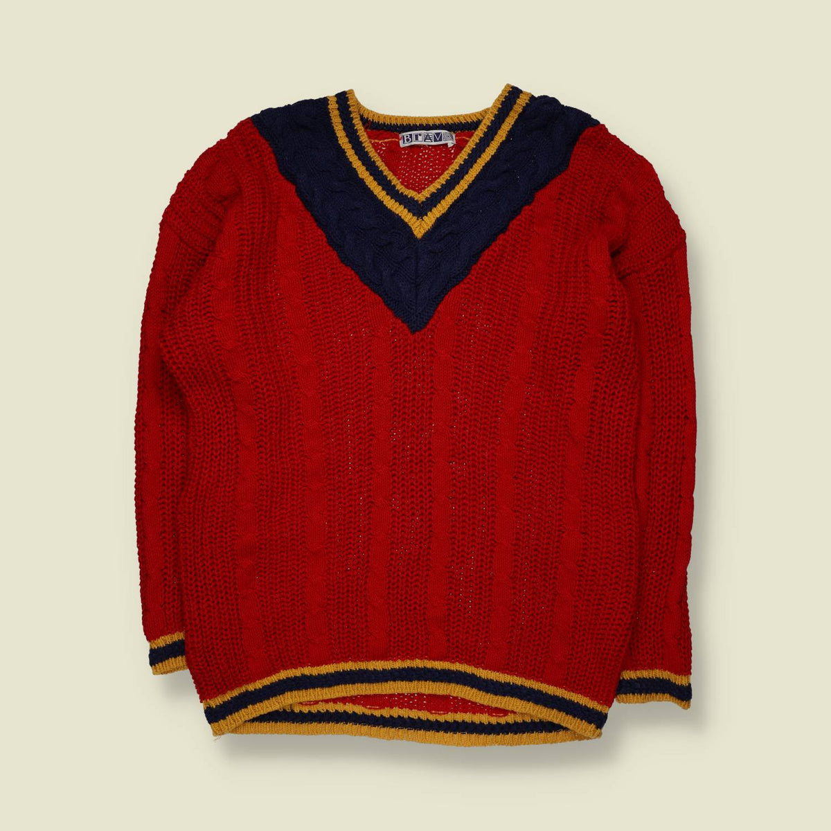 1980s | Bevo Cable Knit Cricket Jumper | Red & Navy Blue - M