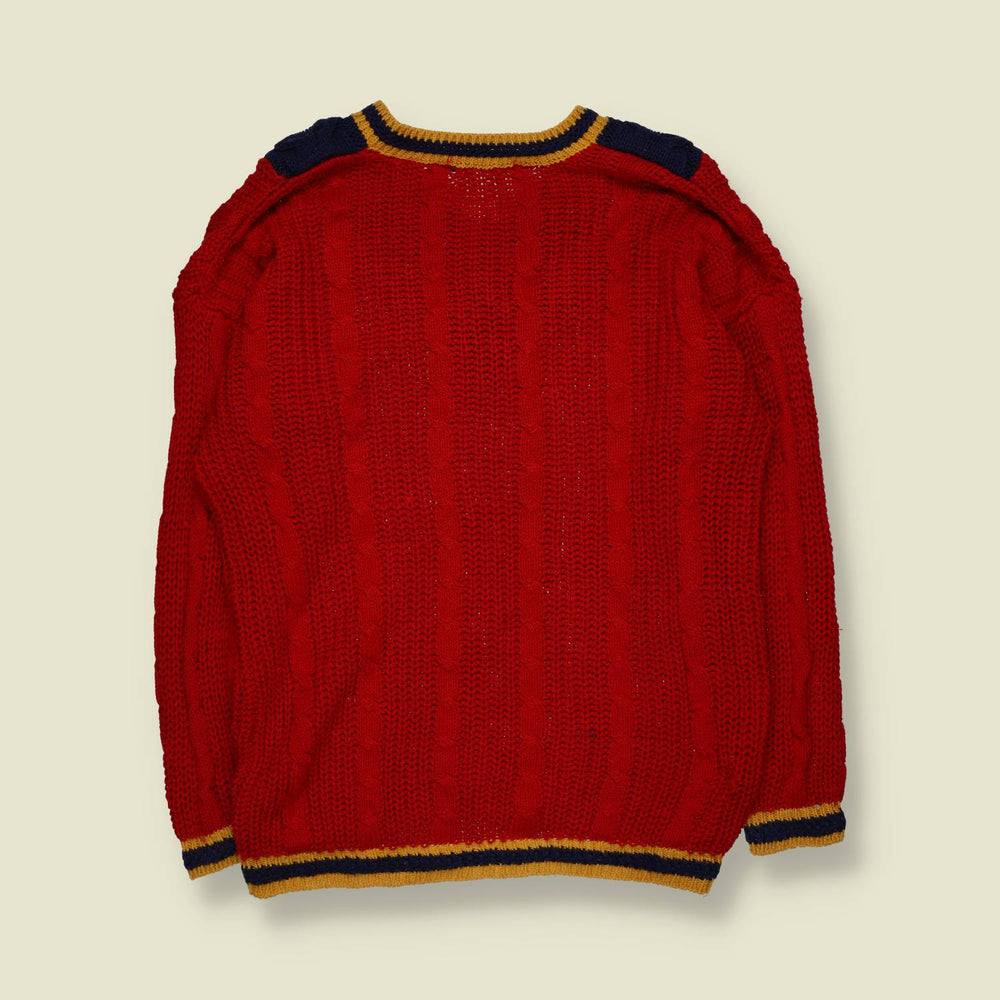 1980s | Bevo Cable Knit Cricket Jumper | Red & Navy Blue - M
