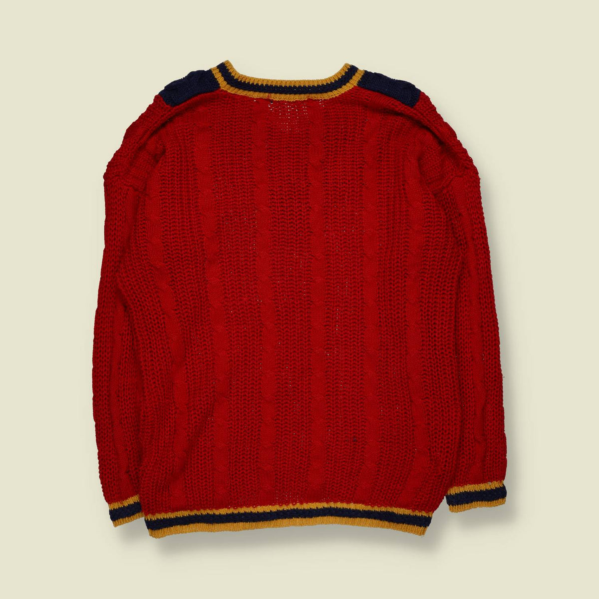 1980s | Bevo Cable Knit Cricket Jumper | Red & Navy Blue - M