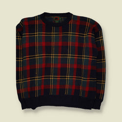 1980s | Boston Traders Tartan Plaid Knit Jumper | Navy Blue & Red - 4XL