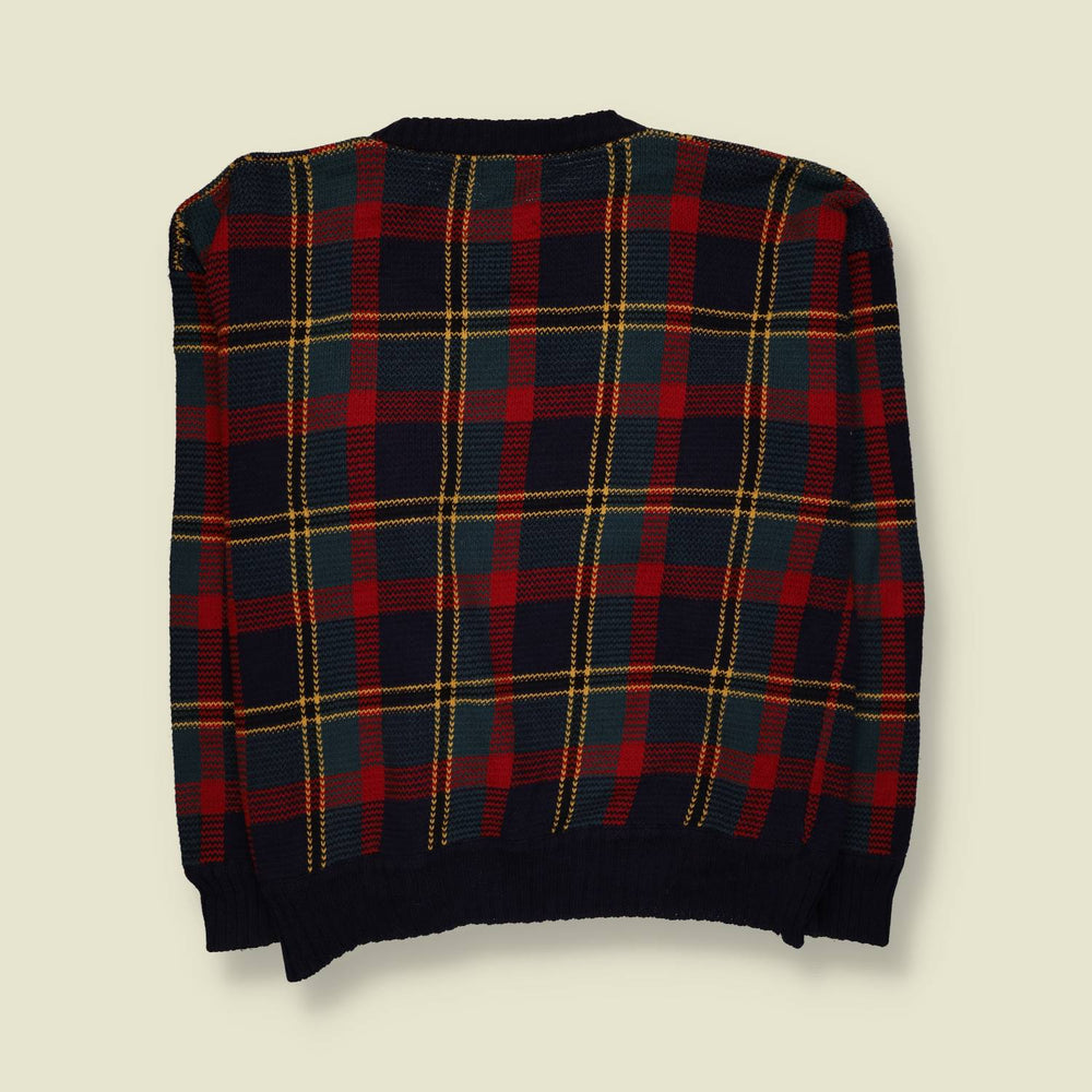1980s | Boston Traders Tartan Plaid Knit Jumper | Navy Blue & Red - 4XL