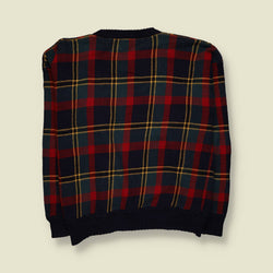 1980s | Boston Traders Tartan Plaid Knit Jumper | Navy Blue & Red - 4XL