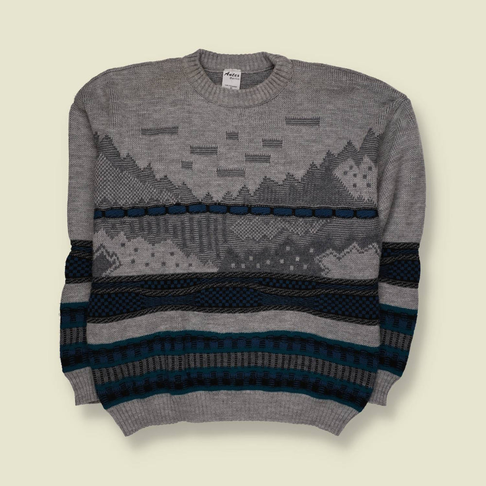 1980s | Antex Geometric Pattern Knit Jumper | Grey & Blue - L