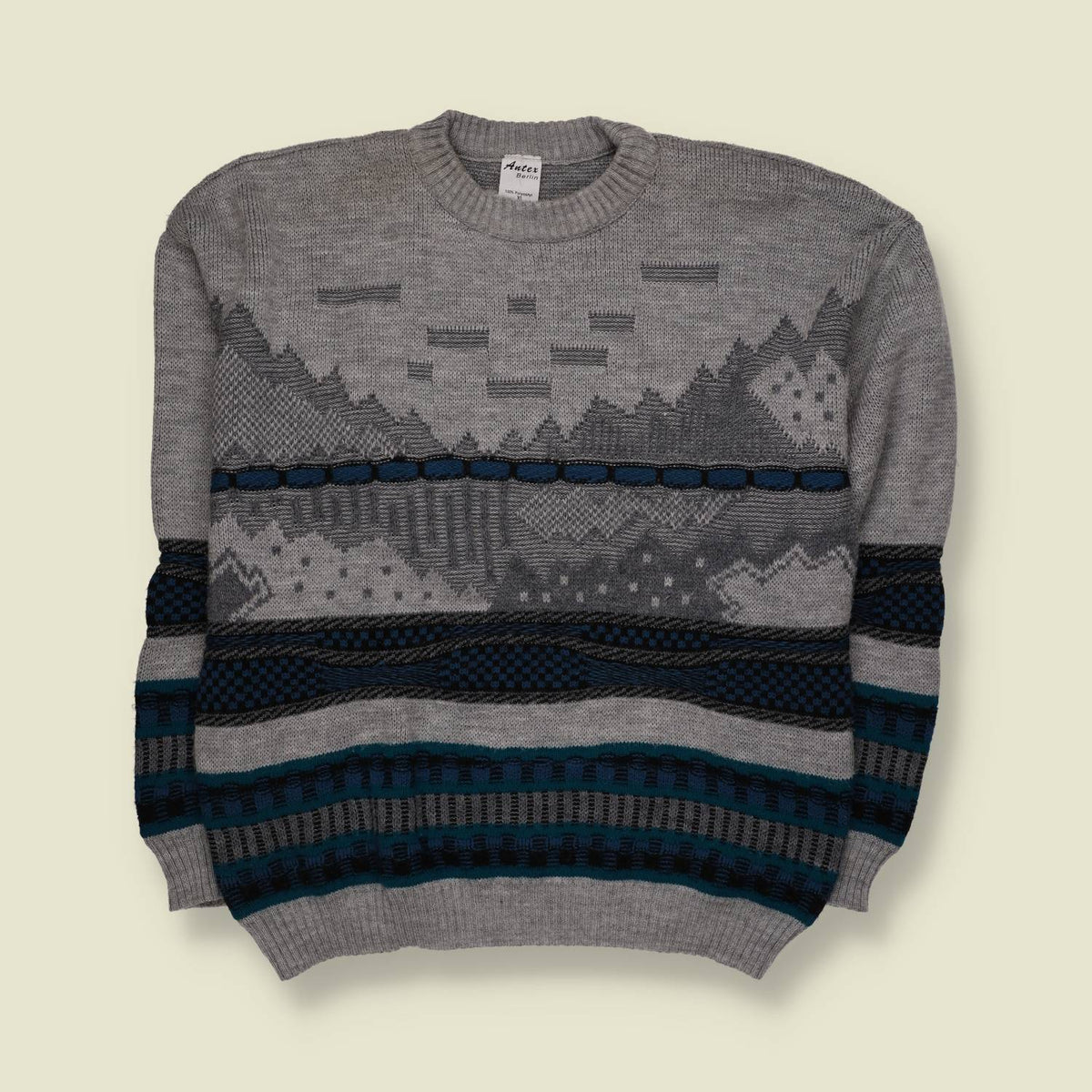 1980s | Antex Geometric Pattern Knit Jumper | Grey & Blue - L