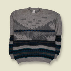 1980s | Antex Geometric Pattern Knit Jumper | Grey & Blue - L