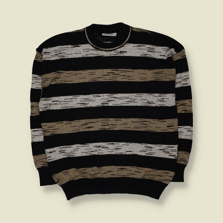 1980s | Dreira Monee Striped Knit Jumper | Black & Beige - M