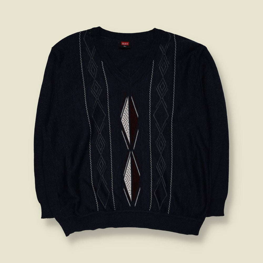 1980s | GLE Geometric Pattern V-Neck Knit Jumper | Navy Blue - XL