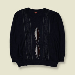 1980s | GLE Geometric Pattern V-Neck Knit Jumper | Navy Blue - XL