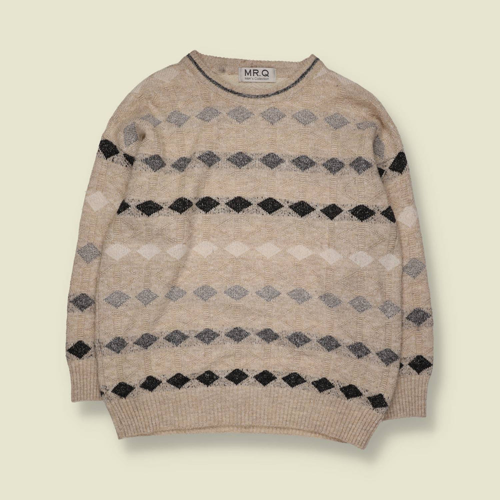 1980s | Mr. Q Geometric Pattern Knit Jumper | Beige & Grey - L