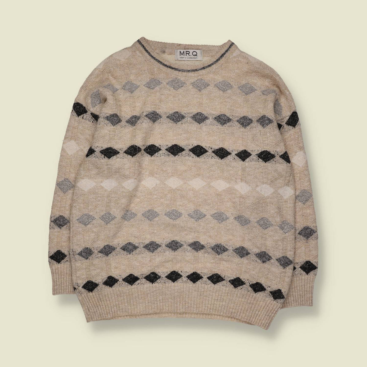 1980s | Mr. Q Geometric Pattern Knit Jumper | Beige & Grey - L