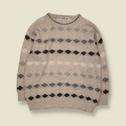 1980s | Mr. Q Geometric Pattern Knit Jumper | Beige & Grey - L