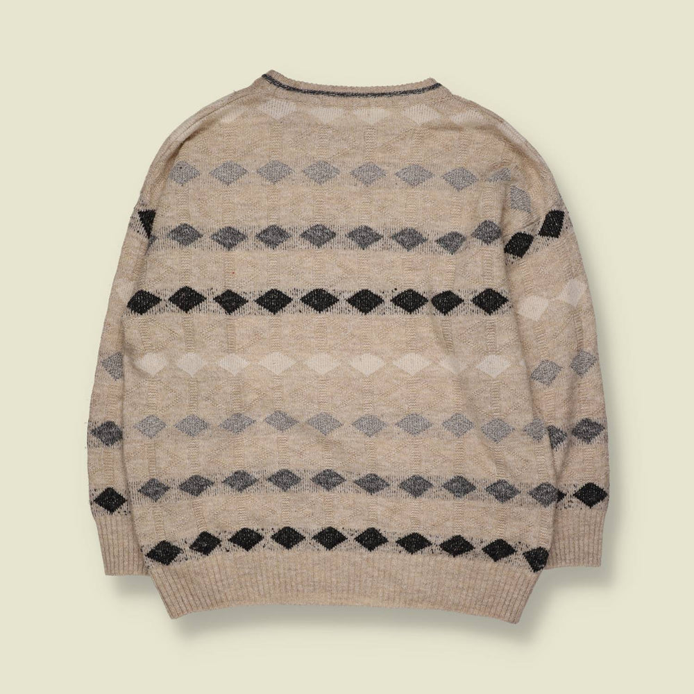 1980s | Mr. Q Geometric Pattern Knit Jumper | Beige & Grey - L