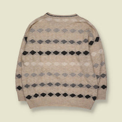1980s | Mr. Q Geometric Pattern Knit Jumper | Beige & Grey - L