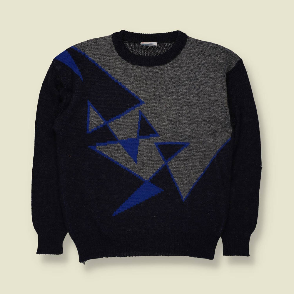 1980s | Grandway Geometric Pattern Knit Jumper | Black, Grey & Blue - S