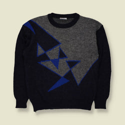 1980s | Grandway Geometric Pattern Knit Jumper | Black, Grey & Blue - S