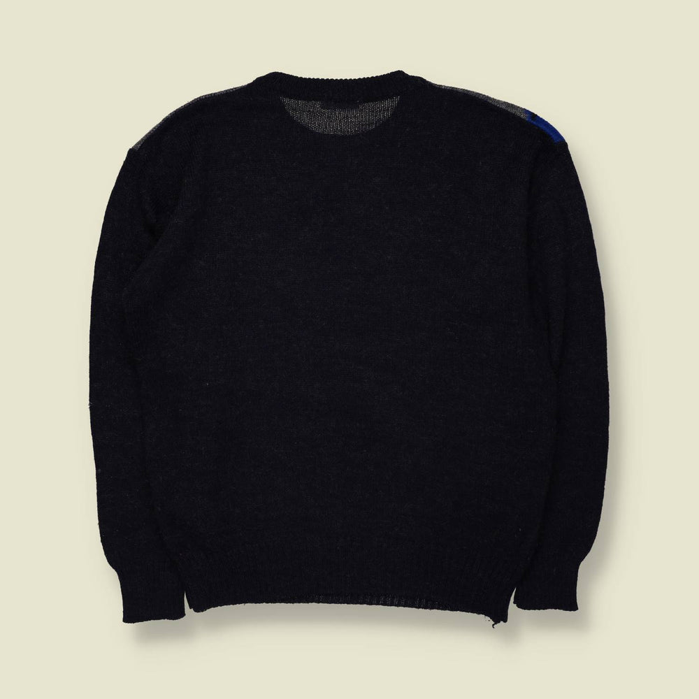 1980s | Grandway Geometric Pattern Knit Jumper | Black, Grey & Blue - S