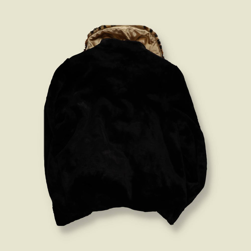 1990s | Dennis Basso | Black Coat With Leopard Print Collar - 18