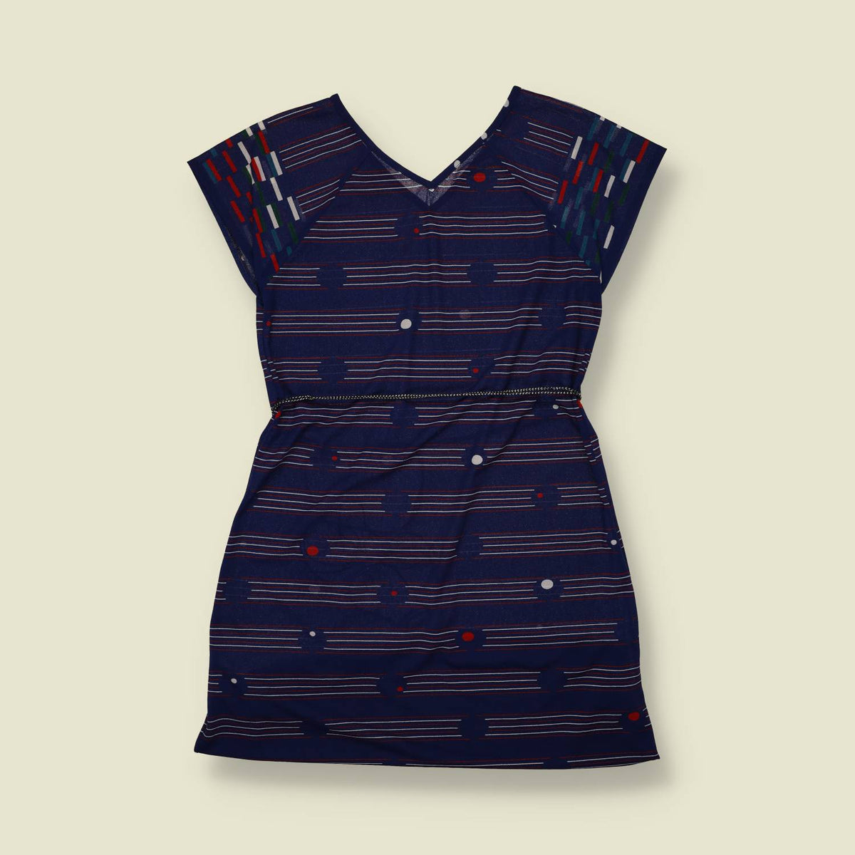 1970s | Navy Geometric Print V-Neck Dress - 6