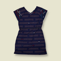 1970s | Navy Geometric Print V-Neck Dress - 6