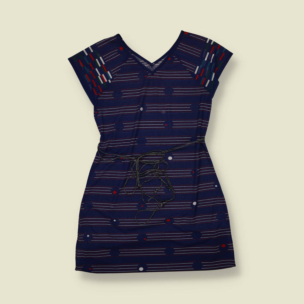 1970s | Navy Geometric Print V-Neck Dress - 6