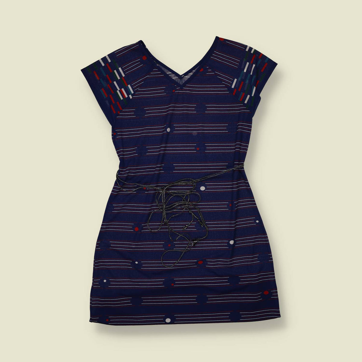 1970s | Navy Geometric Print V-Neck Dress - 6