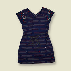 1970s | Navy Geometric Print V-Neck Dress - 6