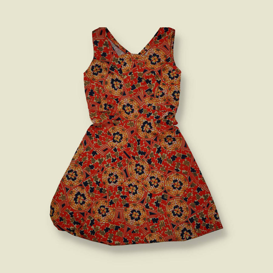 1970s | Floral Geometric Print Mini Dress | Red - 6