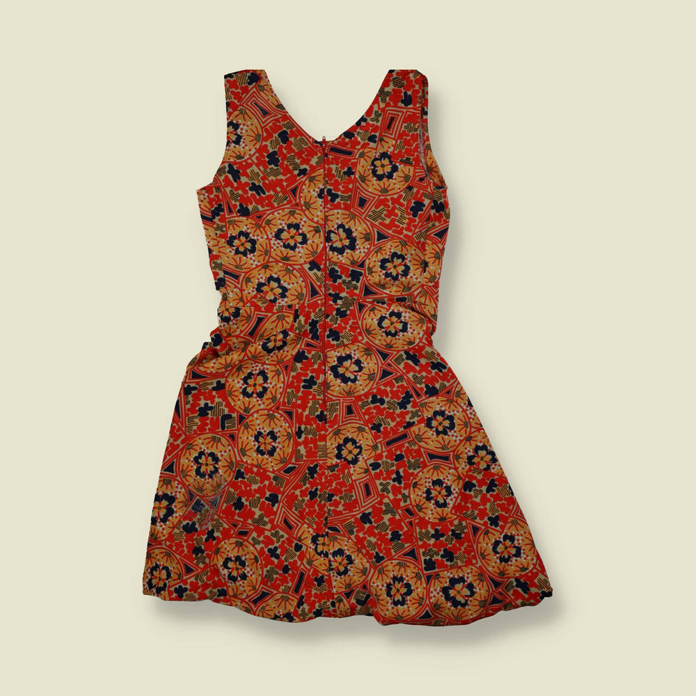 1970s | Floral Geometric Print Mini Dress | Red - 6